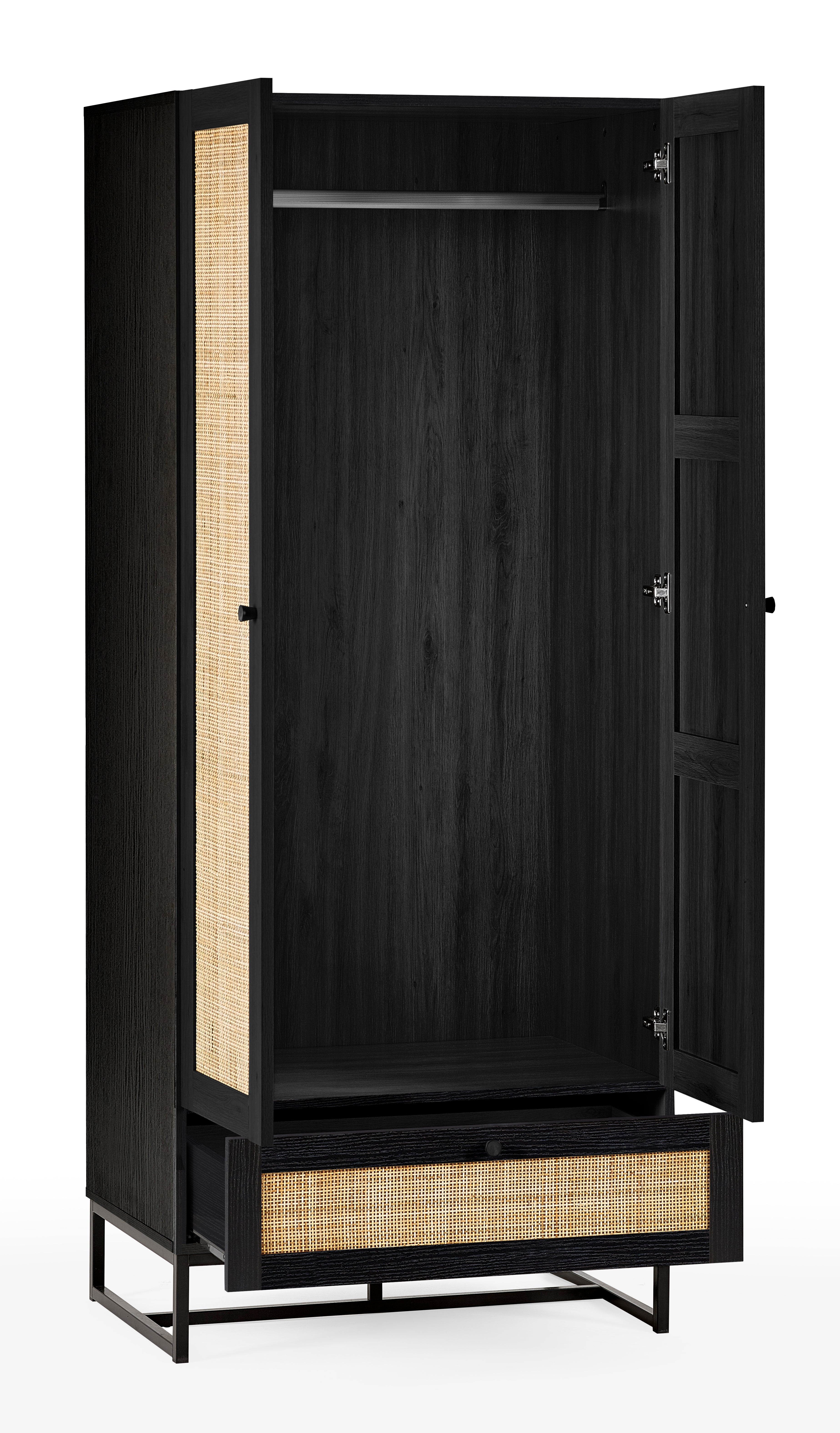 Clermont Black Oak Wood & Rattan Wardrobe